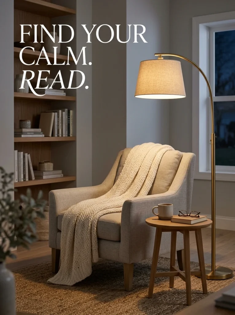 Cozy living room reading corner with warm floor lamp lighting