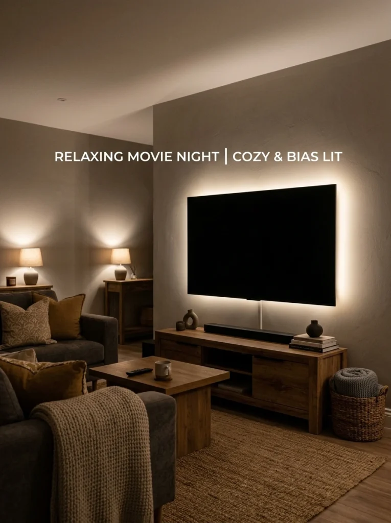 Living room TV lighting ideas with soft bias lighting and dim lamps