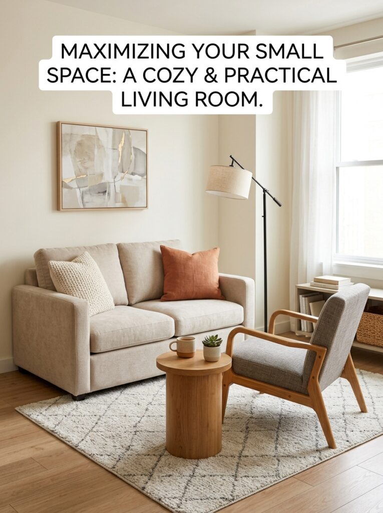 Compact loveseat and accent chair layout for small living room seating