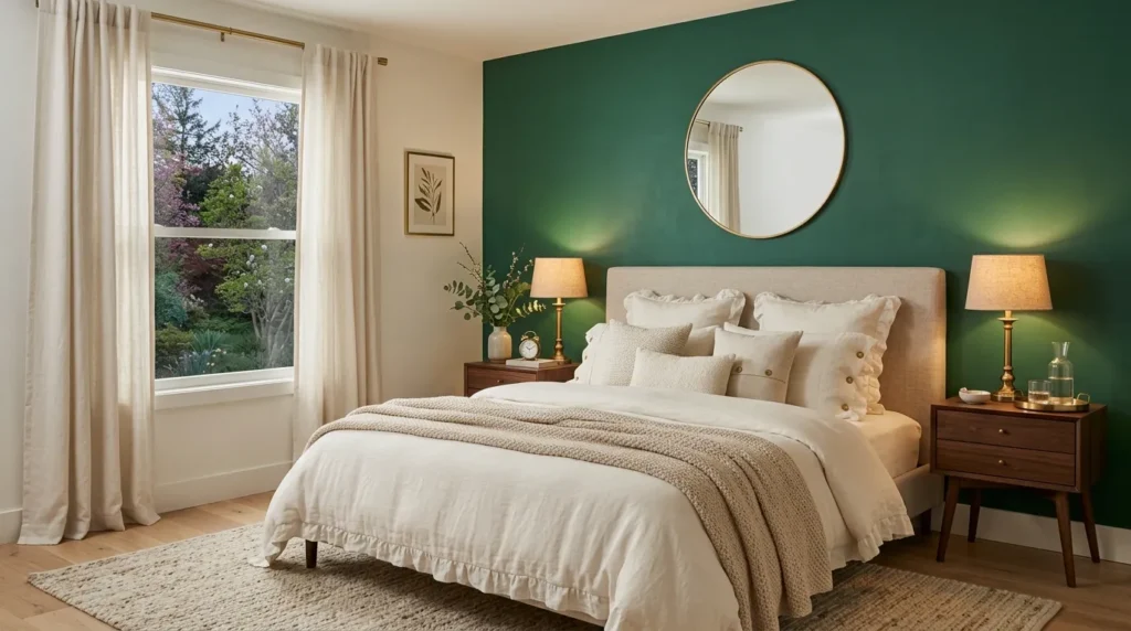 Malachite green bedroom accent wall with ivory bedding and warm wood furniture