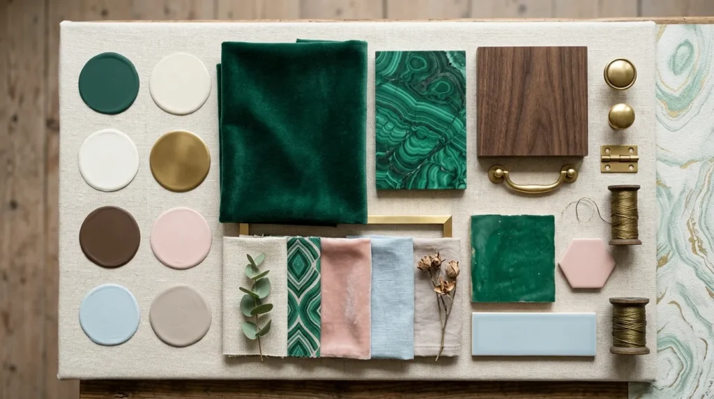 Malachite green color palette with cream, brass, wood, and soft spring accents