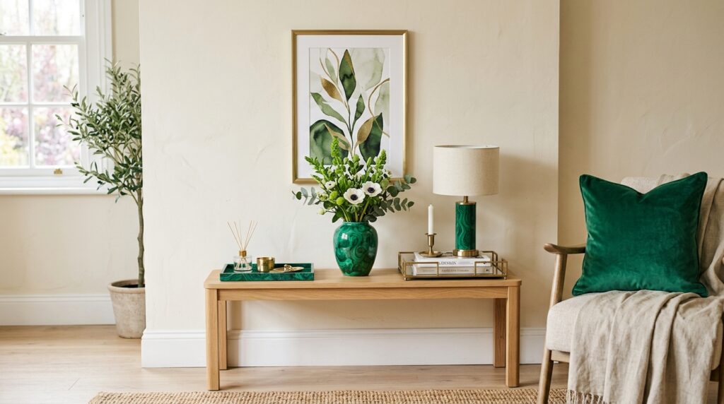 Malachite green home decor accessories including pillows, vases, lamps, and trays