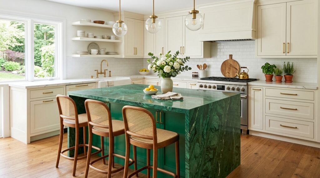 Malachite green kitchen island with white countertops and brass hardware