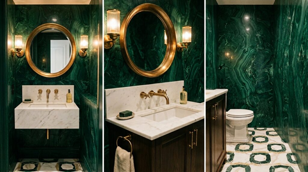 Malachite green powder room with brass mirror and white stone sink