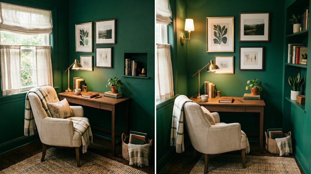 Small room decorated with malachite green walls, warm lighting, and neutral furniture