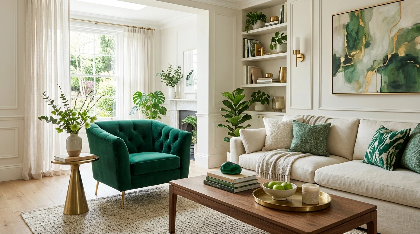 Malachite spring trending color used in a stylish living room with green accents