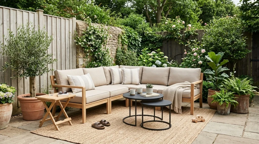 Outdoor lounge area with modular sofa, nesting tables, cushions, and greenery