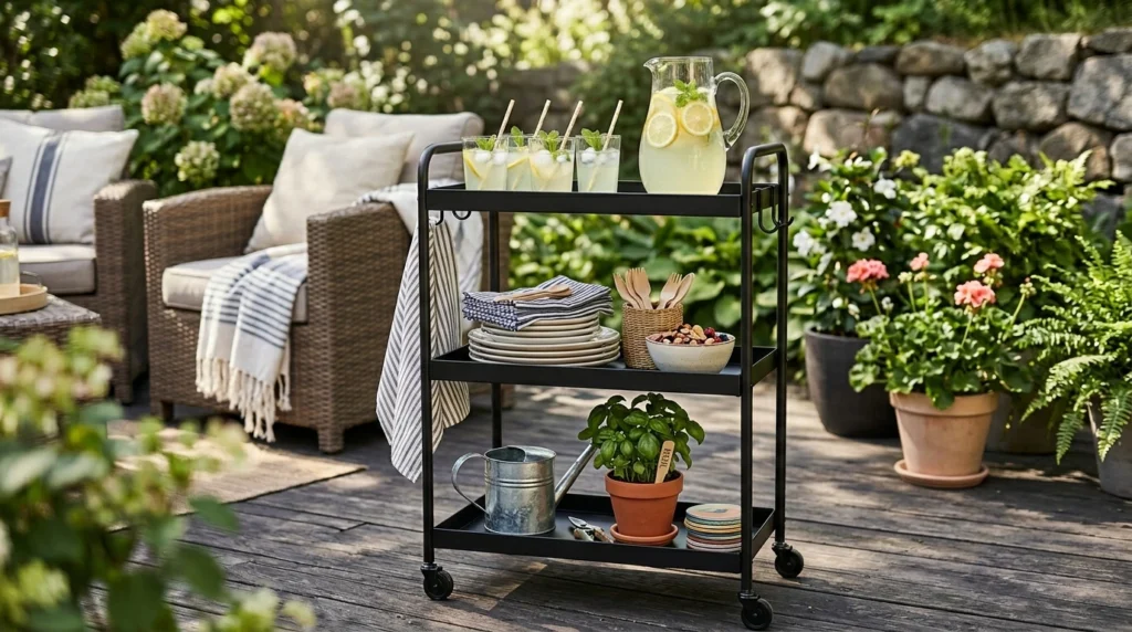 Outdoor utility cart used as a serving station with drinks, plates, and plants