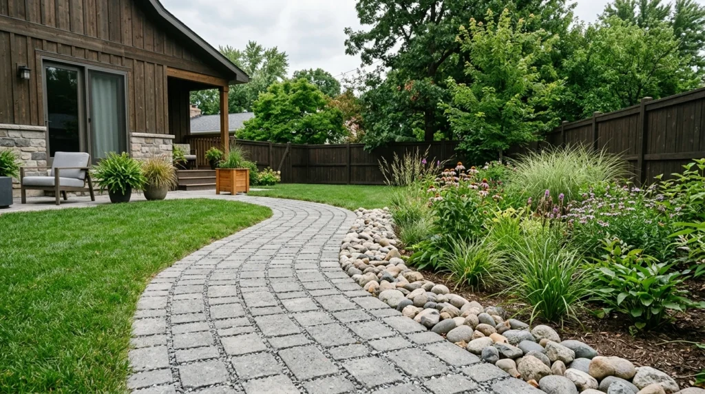 Permeable paver backyard path with gravel joints and drainage-friendly planting