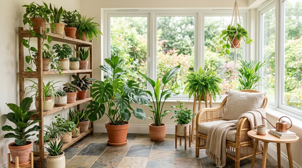 Plant-filled sunroom with indoor plants, cozy chair, and large windows