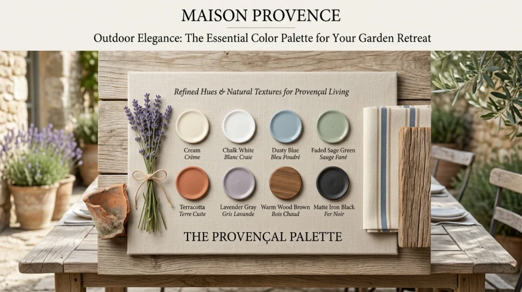 Provencal garden furniture color palette with cream, sage green, dusty blue, terracotta, lavender gray, and iron black