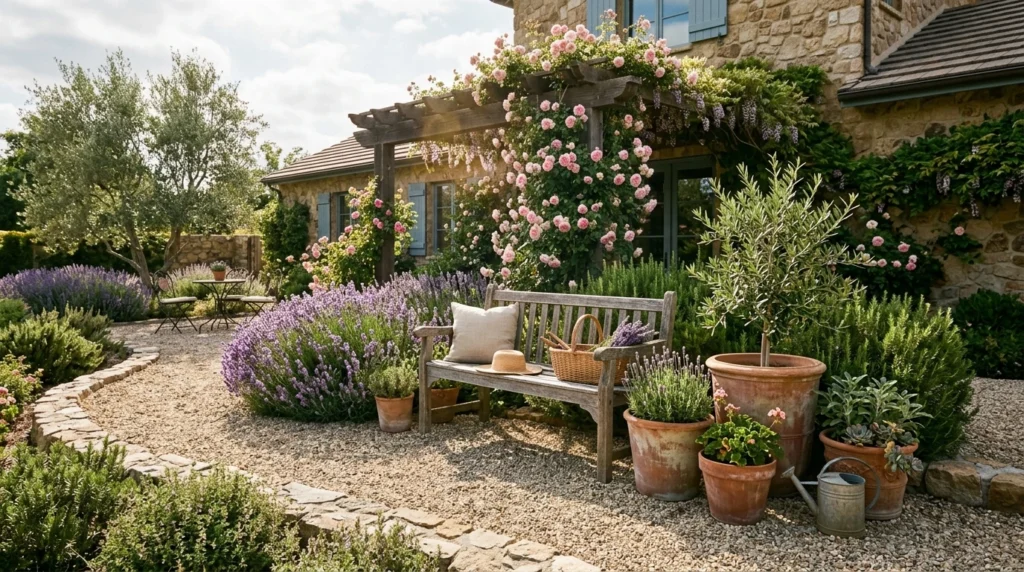 Provencal garden plants with lavender, rosemary, terracotta pots, and a weathered wooden bench