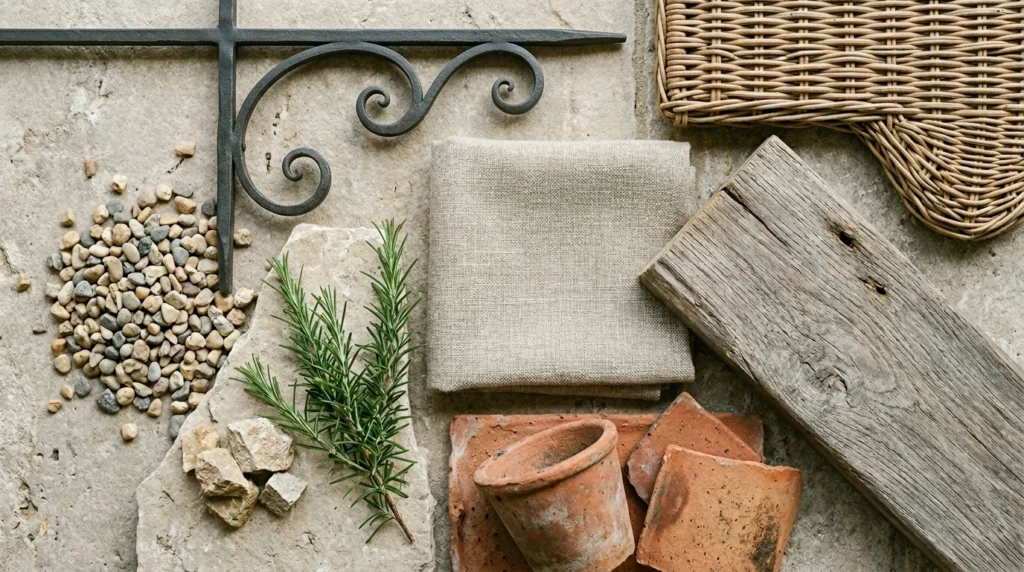 Provencal outdoor furniture materials including iron, teak, terracotta, wicker, gravel, and linen fabric