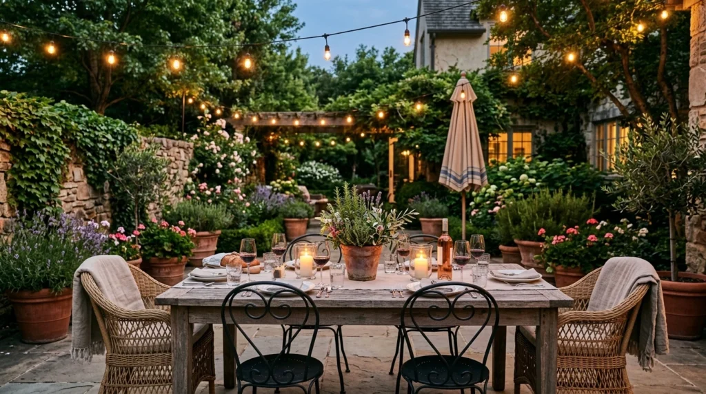 Provencal patio lighting with lanterns, string lights, wooden table, wicker chairs, and terracotta pots