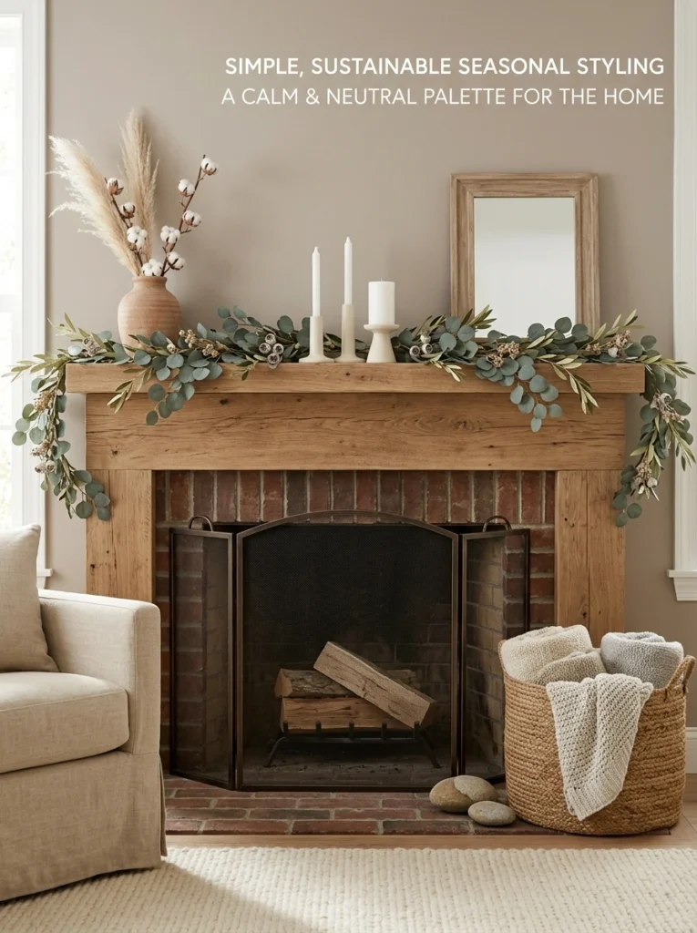 Seasonal cozy fireplace decor with greenery, candles, woven basket, and warm textures