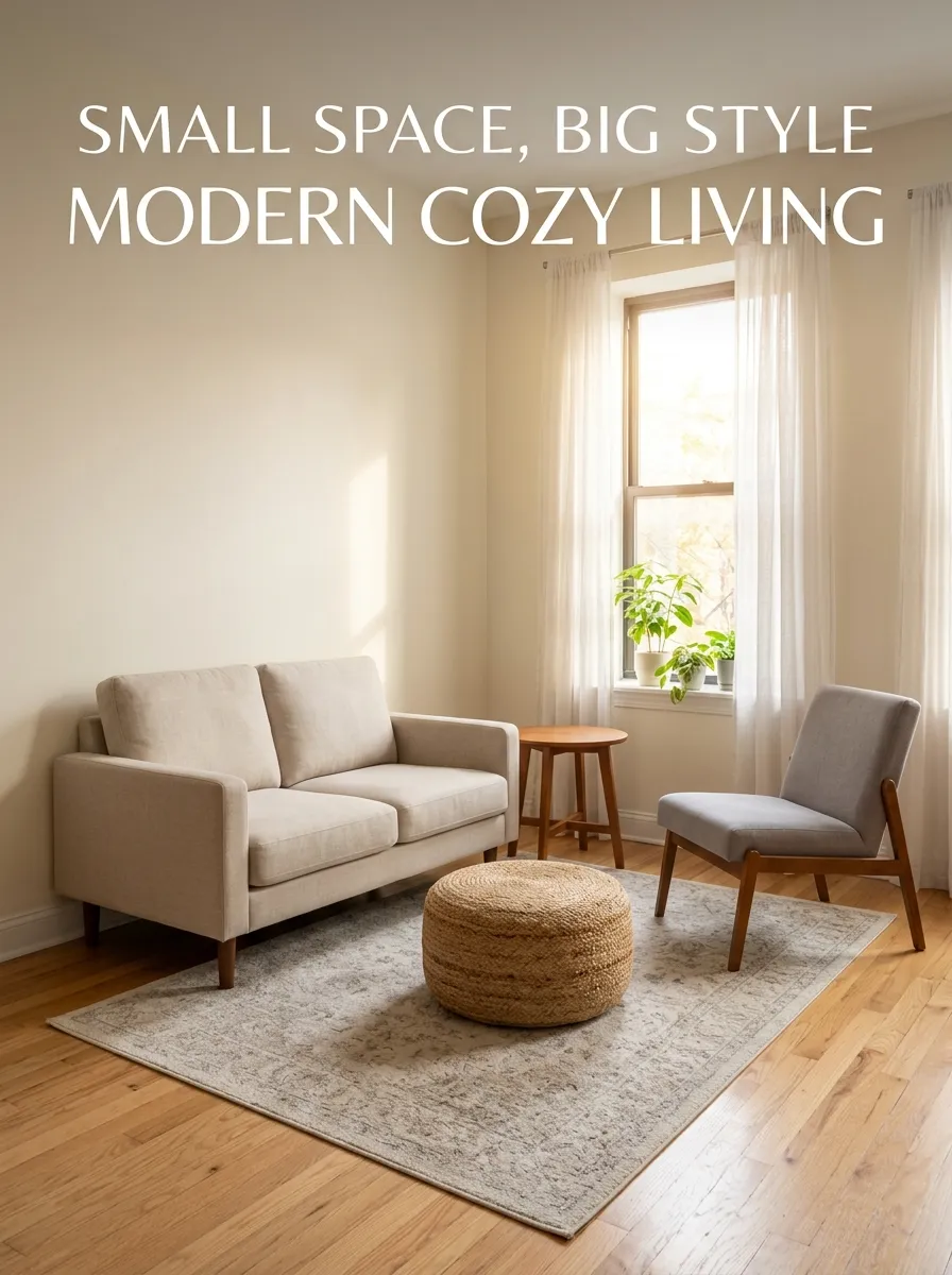 Seating ideas for small living room with loveseat, accent chair, ottoman, and open walking space