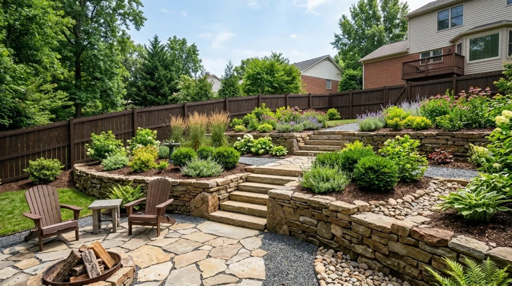Sloped backyard with retaining wall, stone steps, patio, and planting beds