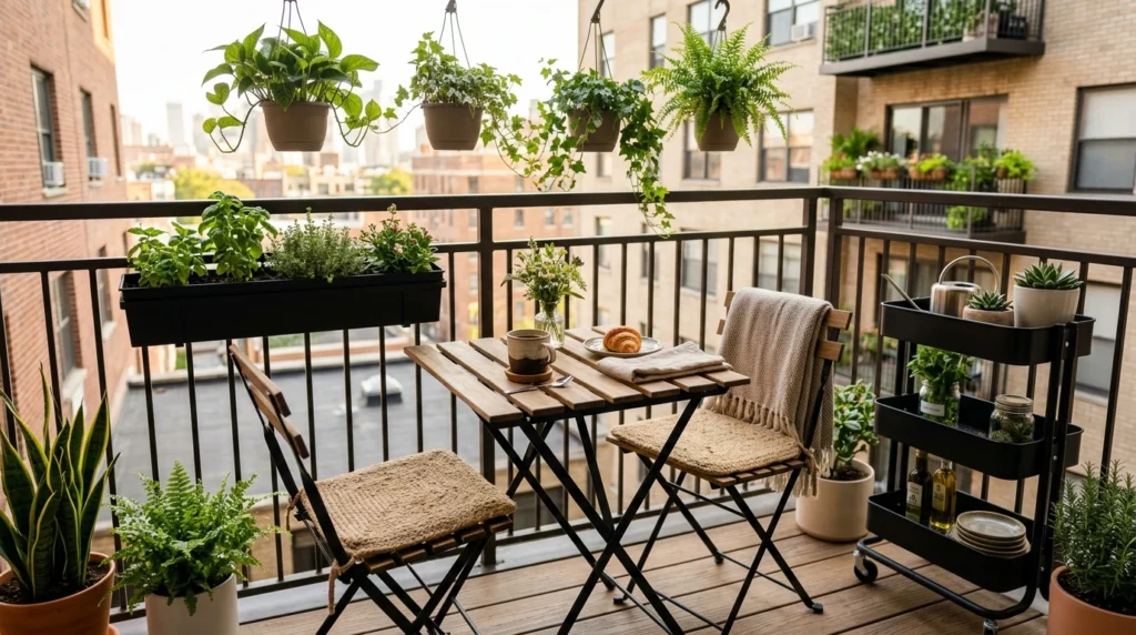 Small balcony with foldable outdoor table, chairs, plants, and compact storage cart