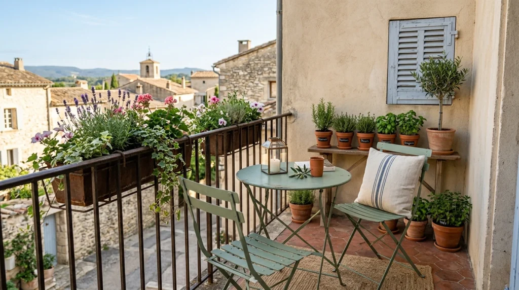 Small balcony with Provencal garden furniture, folding bistro table, herbs, lantern, and terracotta pots
