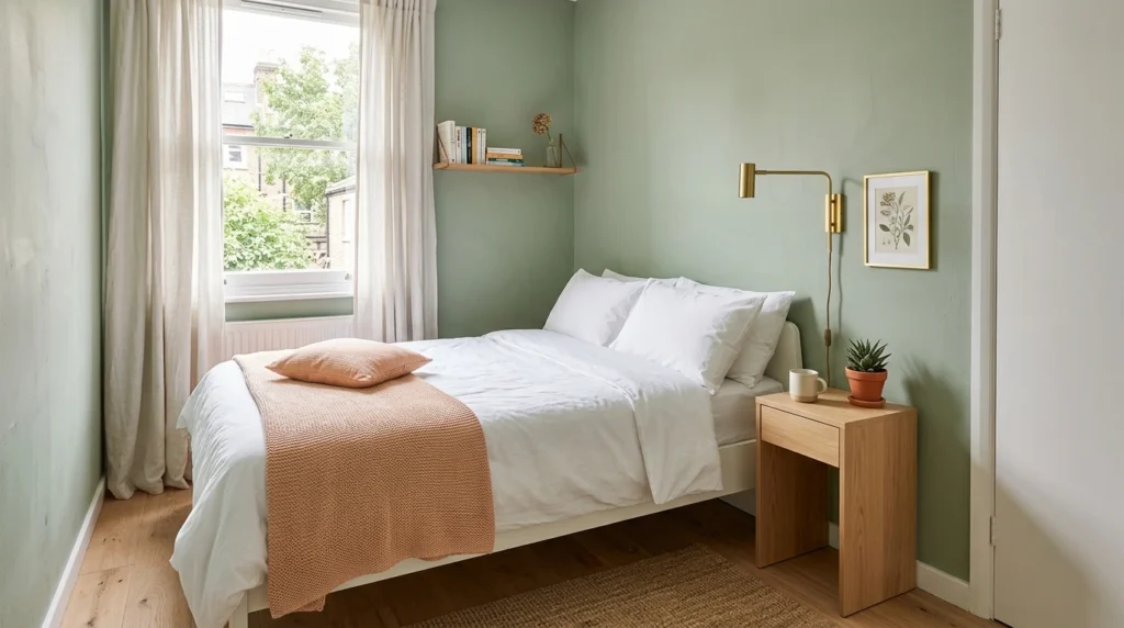 Small colorful bedroom with soft green walls and light bedding