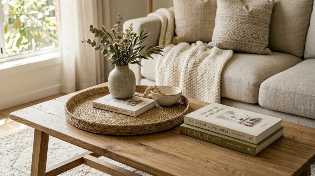 Edited small living room coffee table decor with tray, books, ceramic bowl, greenery, and open surface space