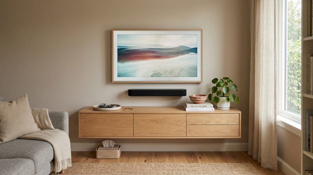 Small living room media console with hidden cords, closed storage, remote tray, books, and clean clutter control