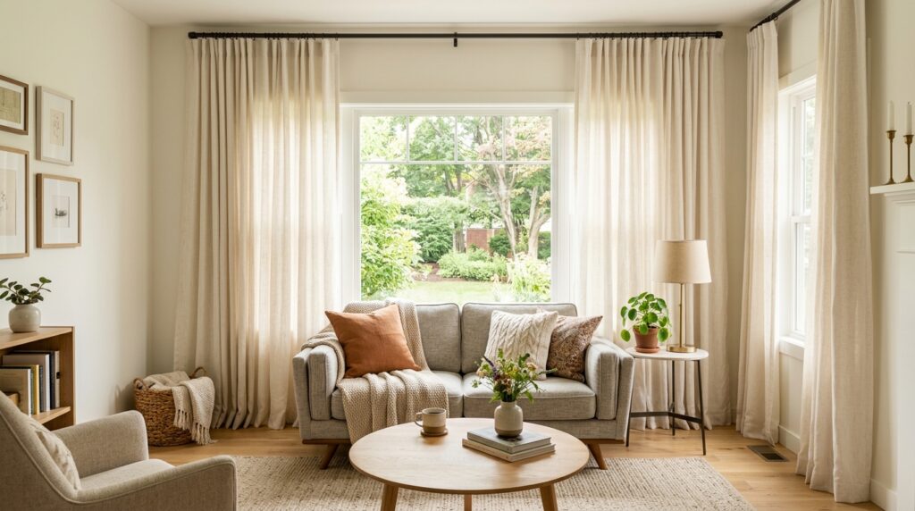 Small living room with high floor-length curtains that make the space look taller and more polished