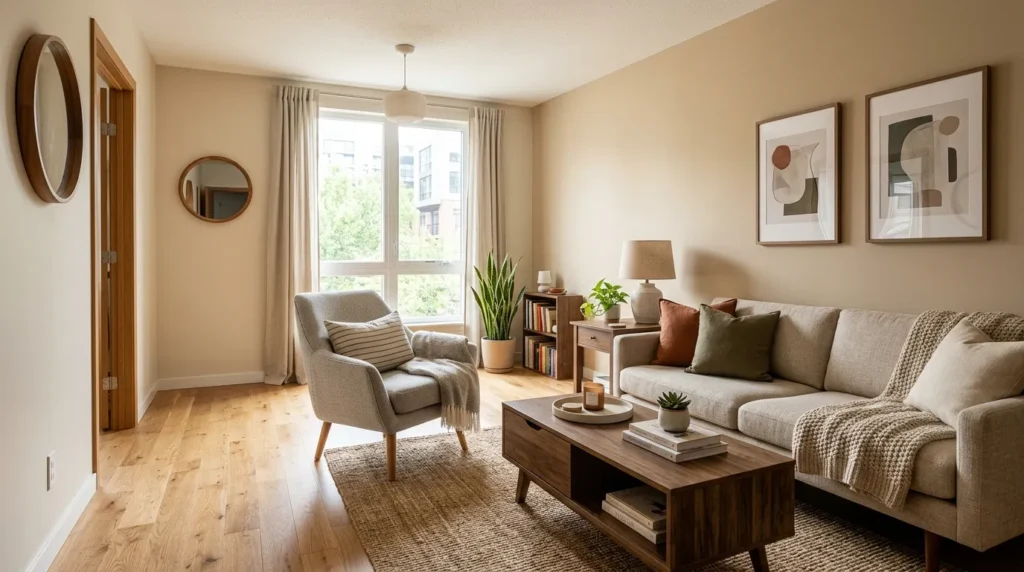 Small living room furniture scale and layout with clear walkway, slim sofa, accent chair, and balanced seating