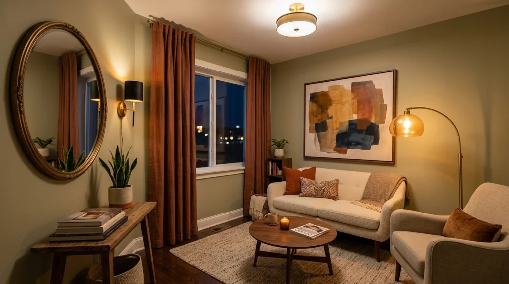 Layered lighting and wall decor in a small living room with a mirror and oversized art