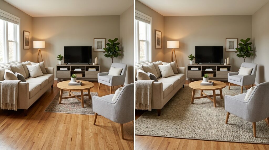 Small living room rug size mistake with tiny floating rug compared to a larger rug anchoring the furniture