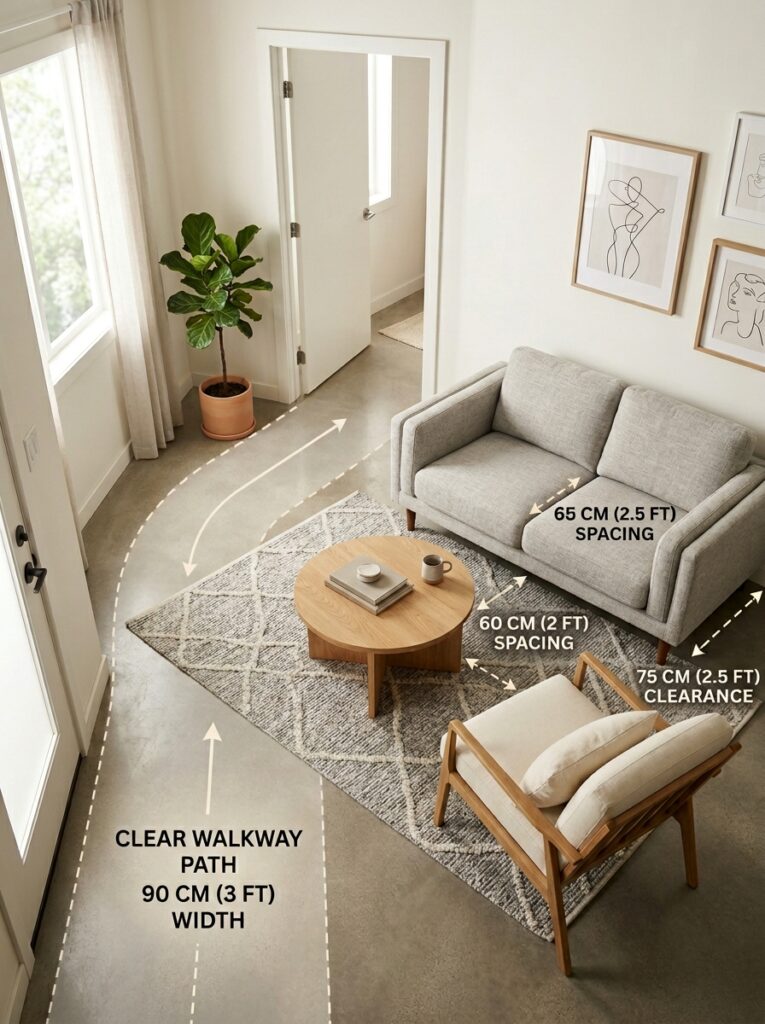 Small living room seating layout with clear spacing between sofa, coffee table, and accent chair