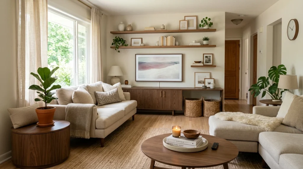 Hidden storage ideas for a small living room with baskets, shelves, and closed cabinets
