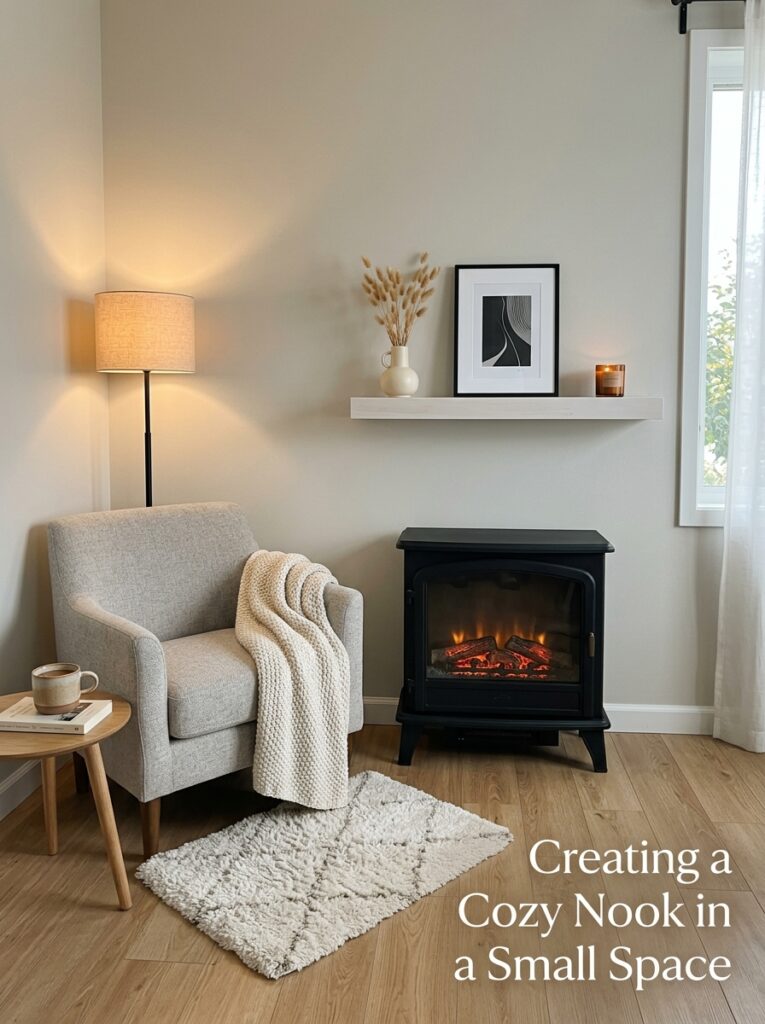 Small room cozy electric fireplace with slim mantel, armchair, rug, and warm lamp