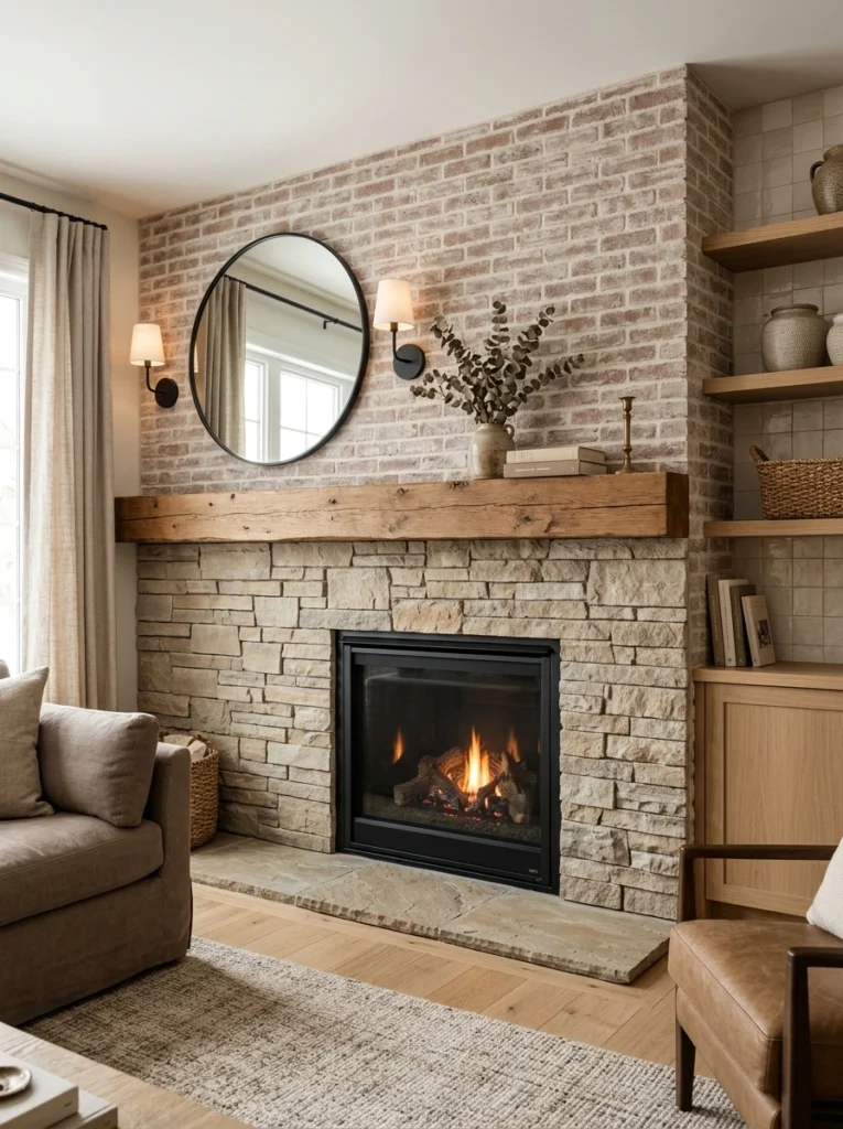 Cozy fireplaces with stone, brick, tile, and wood materials for a warm home design