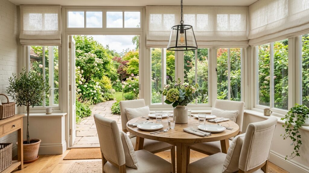 Sunroom dining area with round table, Roman shades, and garden views