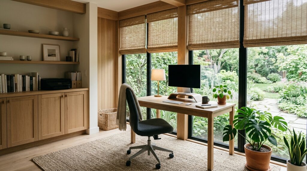 Sunroom home office with natural light, woven shades, and organized desk
