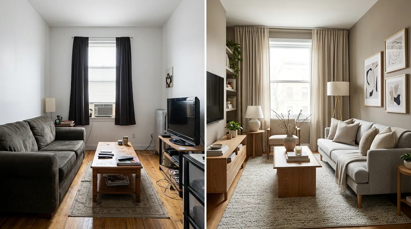 Small living room showing designer advice for avoiding tacky decor mistakes with balanced furniture, rug, lighting, and curtains