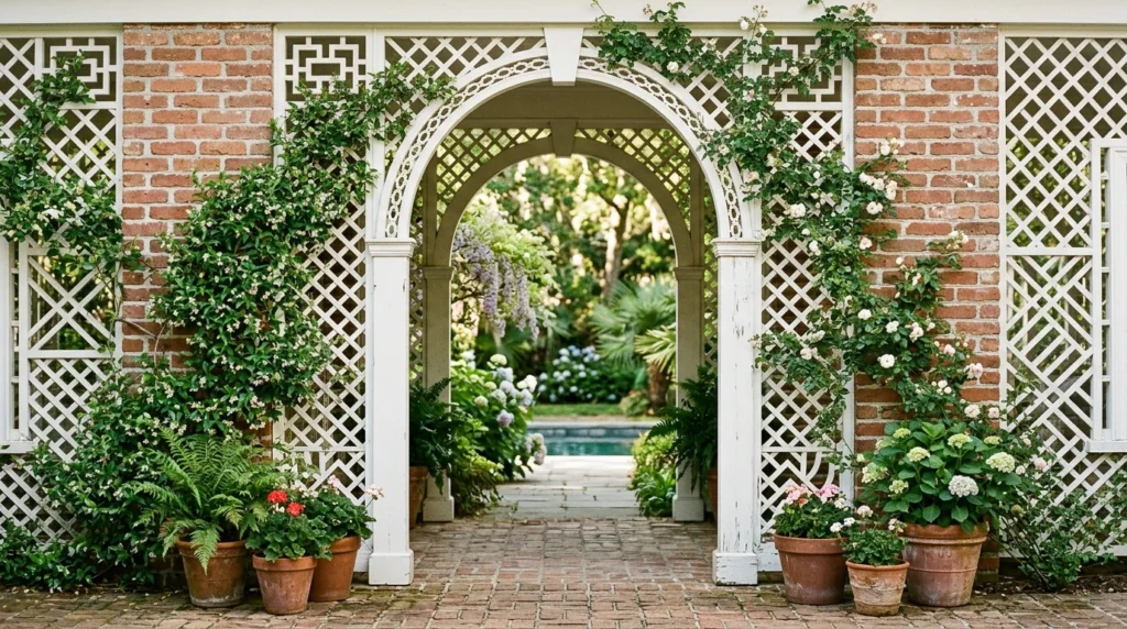White trellis poolhouse detail with garden pavilion style