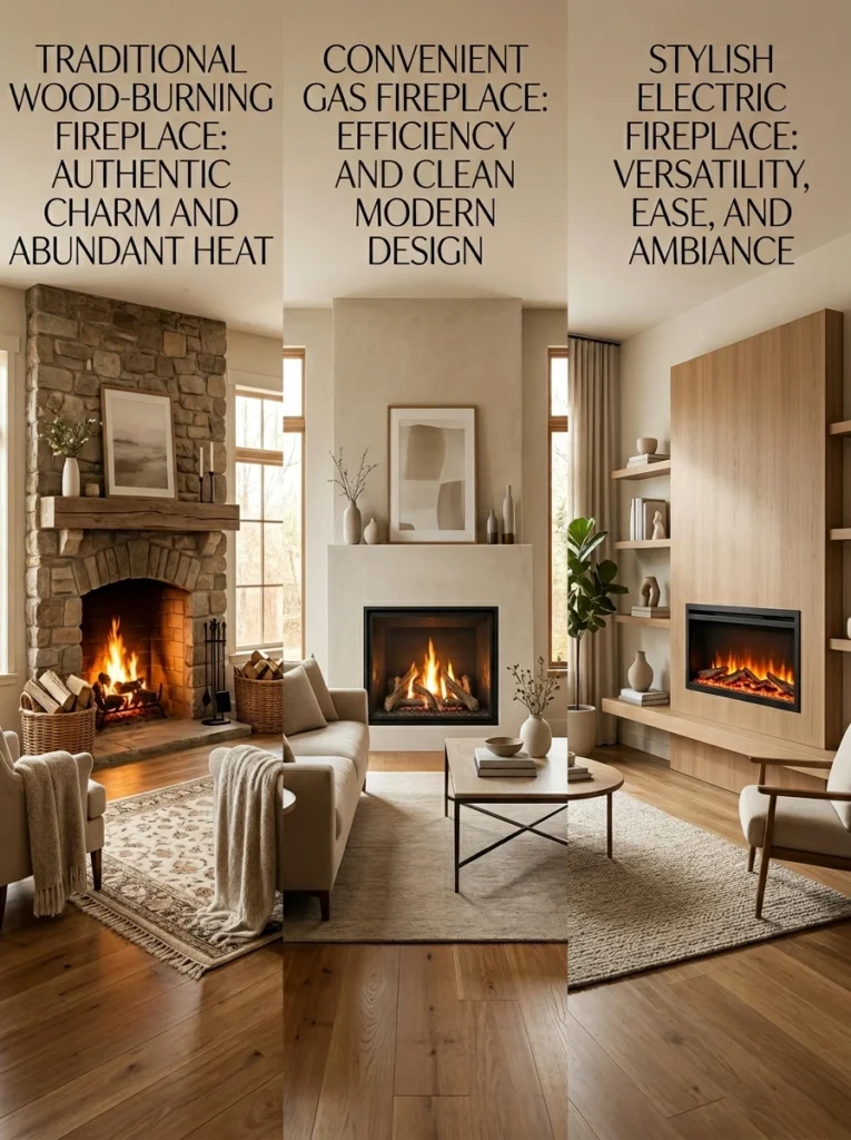 Wood, gas, and electric cozy fireplaces shown in warm home interiors