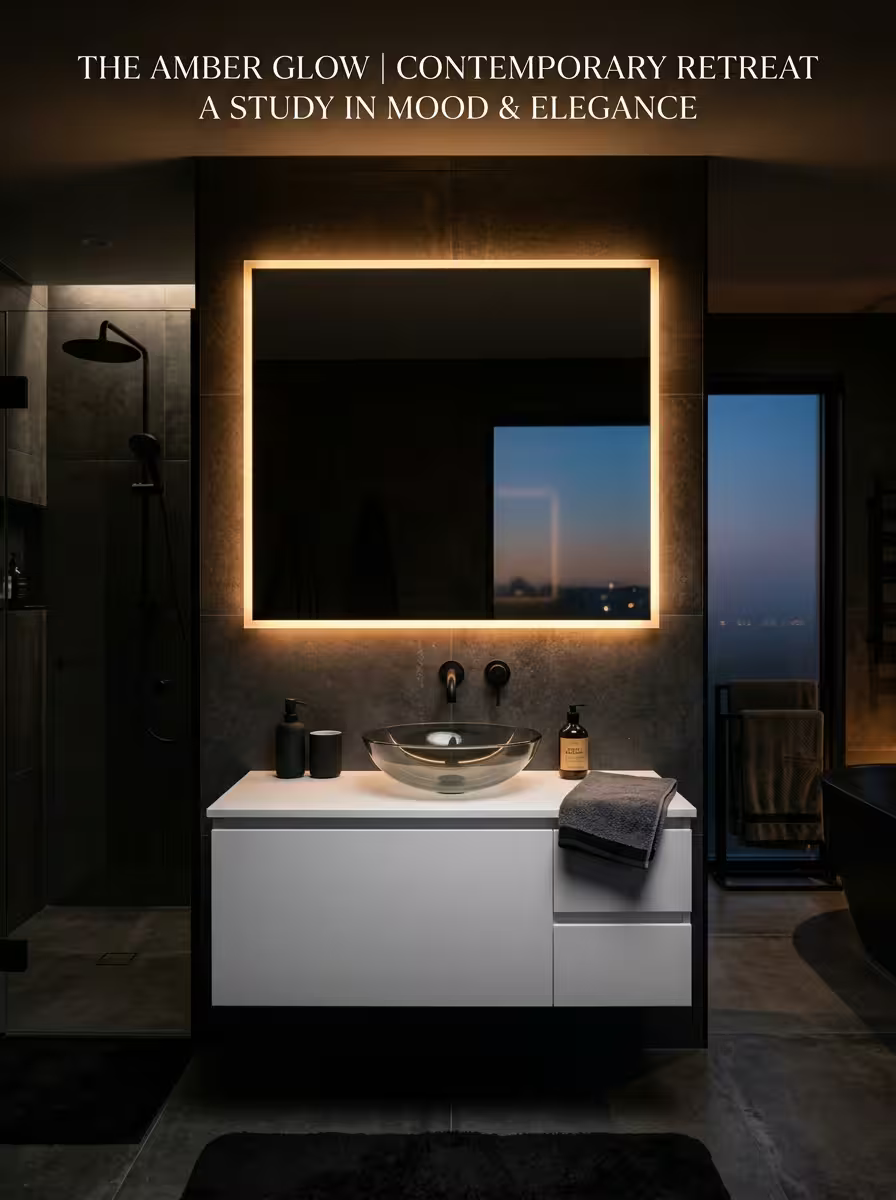 Bathroom Mirror Ideas for Every Design Style 4 Backlit LED bathroom mirror with warm amber halo glow above a modern wall-hung vanity in a dark tile bathroom