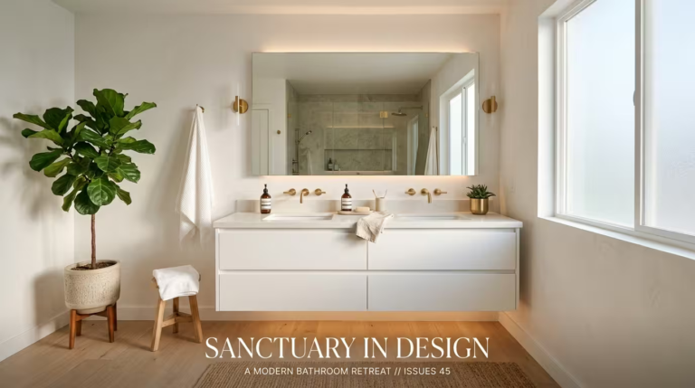 Bathroom mirror ideas featuring a large frameless mirror above a modern double vanity with warm lighting