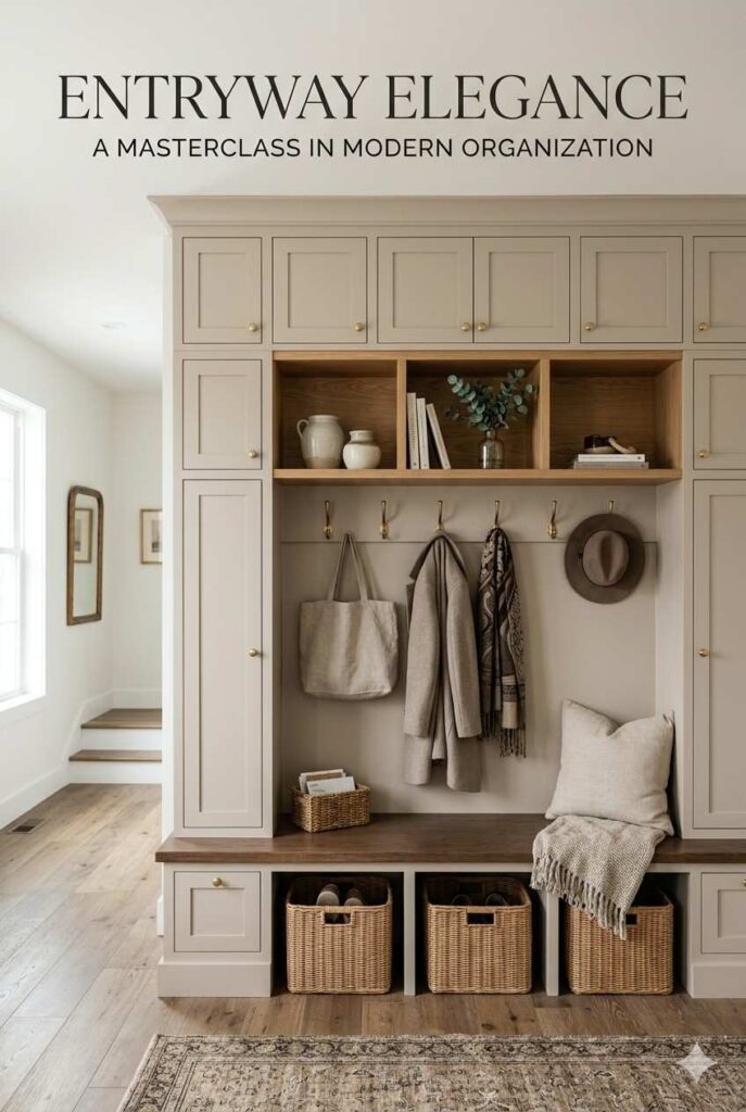 Dream Home Ideas: 27 Beautiful, Practical Ways to Design a Home You’ll Love 7 Beautiful built-in storage with cabinets, shelves, baskets, and entryway bench