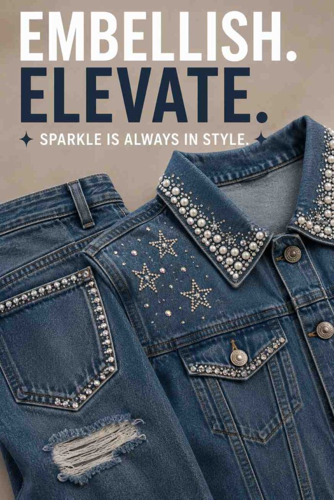 Bedazzle Design Ideas: Creative Rhinestone Projects for Clothing, Accessories, Shoes, and Home Decor 4 Bedazzled denim jacket and jeans with rhinestone details