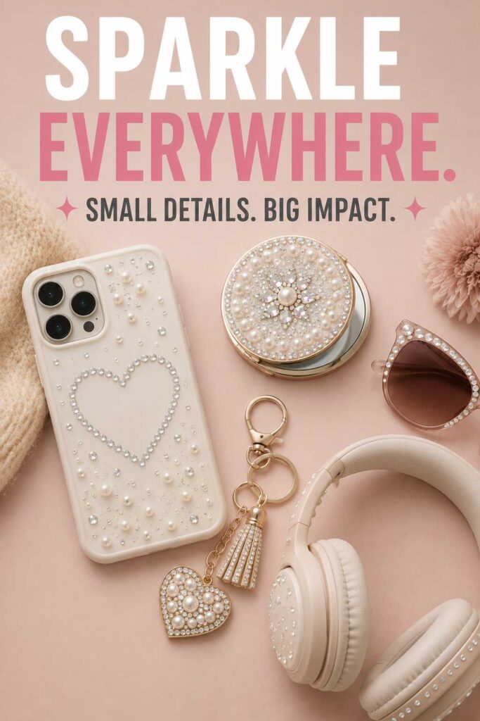 Bedazzle Design Ideas: Creative Rhinestone Projects for Clothing, Accessories, Shoes, and Home Decor 6 Bedazzled phone case and accessories with small rhinestone details