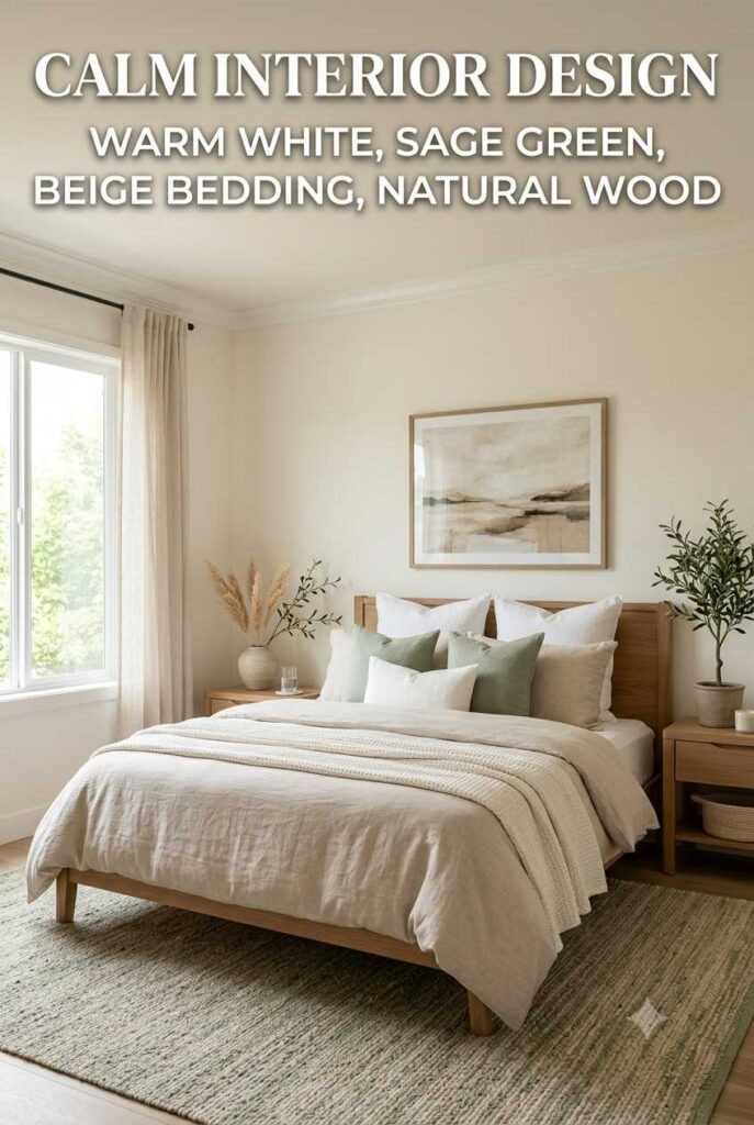 Bedroom color palette inspiration with sage green, beige, and warm neutral tones