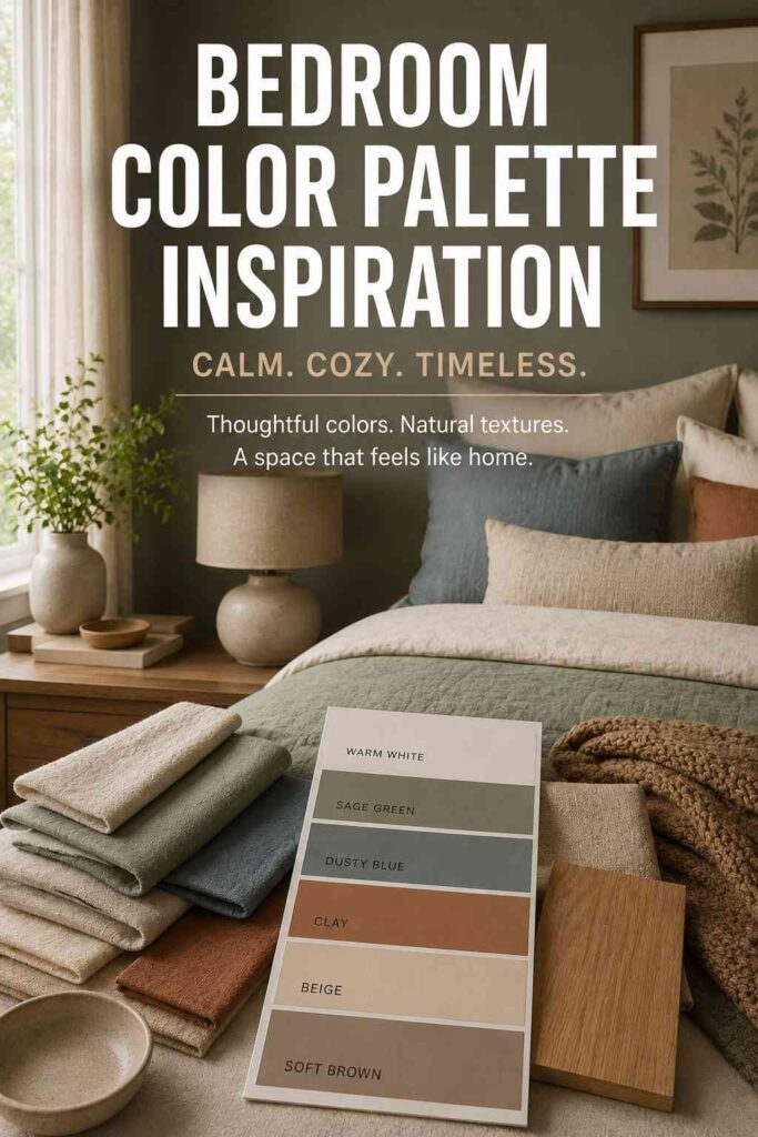 Bedroom Makeover: Practical Ideas to Create a Calm, Beautiful Room 4 bedroom makeover color palette with sage green, beige, dusty blue, clay, and warm white tones