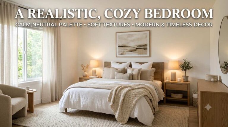 Bedroom inspiration with cozy bedding, warm lighting, and neutral home decor