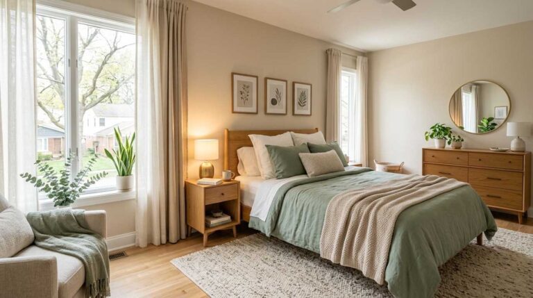 bedroom makeover with calm bedding, warm lighting, curtains, rug, and neutral decor