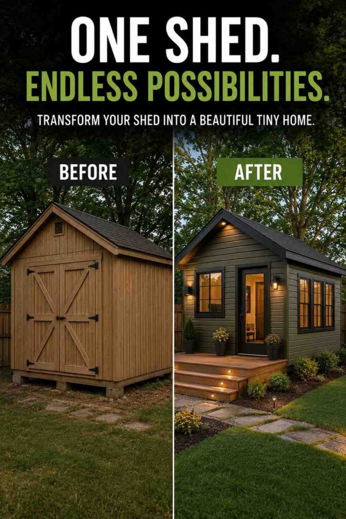Before and after shed to tiny house conversion