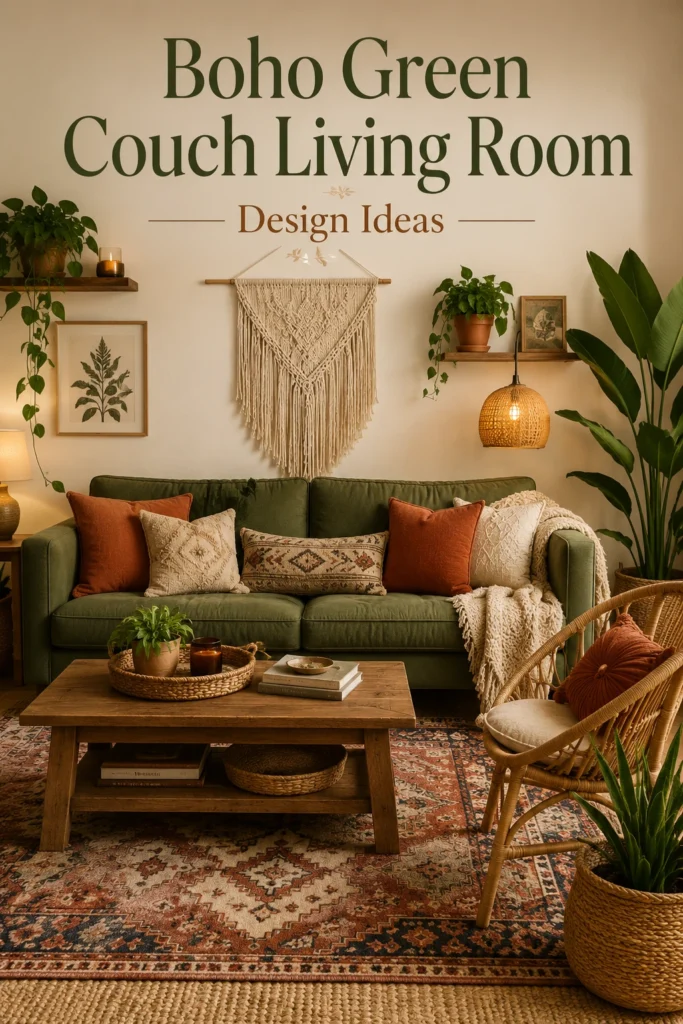Boho green couch living room with rattan chair, patterned rug, plants, and warm pillows.